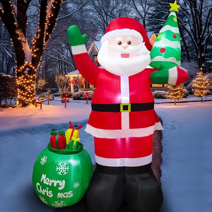 8FT Christmas Inflatables Santa Claus with Christmas Tree ＆ Gift Bag Christmas Blow up Decoration with Built-in 6 LED Lights Large Xmas Blow up Santa Claus for Yard Party, Xmas New Year Kids Gifts