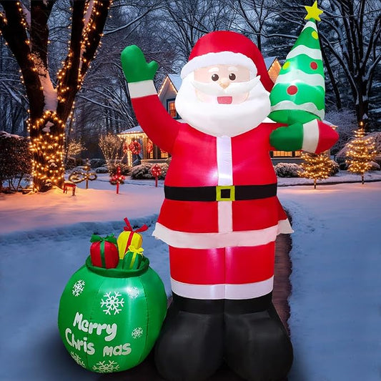 8FT Christmas Inflatables Santa Claus with Christmas Tree ＆ Gift Bag Christmas Blow up Decoration with Built-in 6 LED Lights Large Xmas Blow up Santa Claus for Yard Party, Xmas New Year Kids Gifts