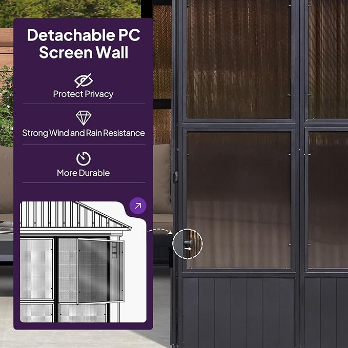 PURPLE LEAF 12' X 16' Sunroom Patio Hardtop Gazebo Double Top Galvanized Steel Screen House Aluminum Sun Room Outdoor Solarium for Garden Backyard and 24 Solar String Light