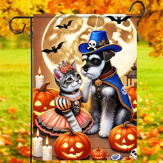 Halloween Garden Flag 12x18 Flag Dog Cat Flag Halloween Schnauzer Cat Fairy Pirate Costumes Pumpkins And Full Moon Cute Welcome Garden Flag Patio Lawn Farmhouse Outdoor Party Supplies