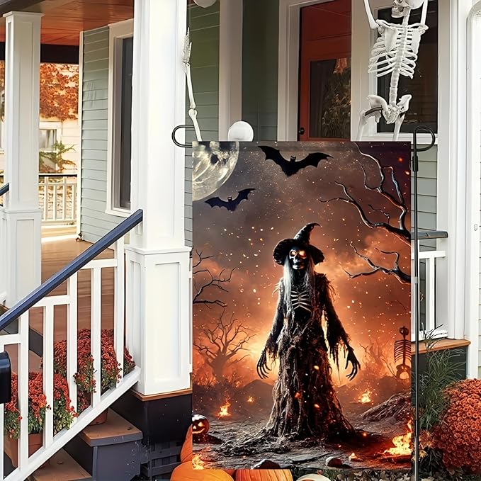 Witch Halloween Garden Flag 12x18 Double-Sided Spooky Bats Scary Skeleton Witch Garden Flag Outdoor Lawn Fall Decoration Banner Holiday Seasonal Yard Flag