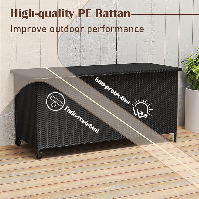 RELAX4LIFE 85-Gallon Deck Box with Wheels - Wicker Rattan Storage Bin Container w/Waterproof Liner & Gas Strut for Patio Cushions, Garden Tools, Pool Supplies, Indoor Outdoor Storage Box (Black)
