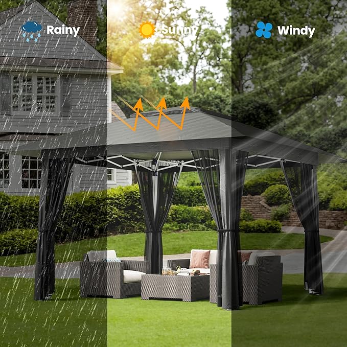 Bealife 13x13 Pop Up Gazebo Tent with Mosquito Netting, Outoor Canopy Tent with 4 Sandbags, 8 Stakes, 4 Ropes, Roller Bag, Pop Up Canopy for Lawn Backyard Garden Deck (Grey, 13x13)