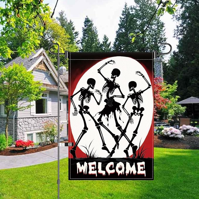 Halloween Skull Welcome Garden Flags 12 x 18 Inch Dancing Skeleton Flag Double Sided Gothic Outdoor House Yard Banner Farmhouse Holiday Outside Decoration Yard Flag