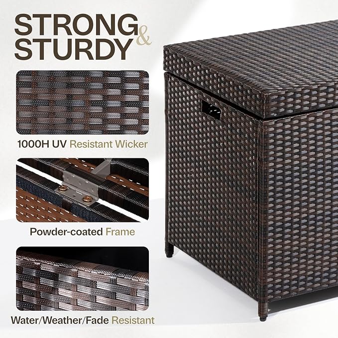 IDZO 136 Gallon Outdoor Wicker Storage Box, UV Weather & Water Resistant, Soft-Close Hinge, Poly Bag Included, Patio Cushion Storage - Brown