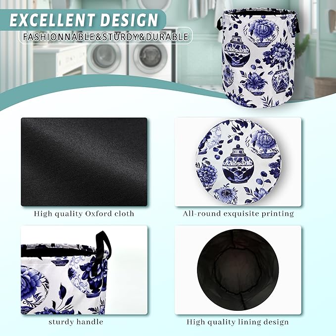 Blue White Floral Laundry Basket Foldable With Handles Vase Flower Tote Bag Oxford Cloth Color Laundry Hamper Clothes Storage Bucket Toy Organizer For Bathroom/Laundry/Bedroom 18.9"x16.5 "