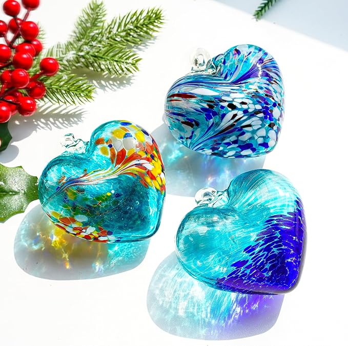 Set of 3 Handmade Glass Heart Ornaments 3.9 Inch Blue Friendship Heart Decor for Garden Home Centerpiece