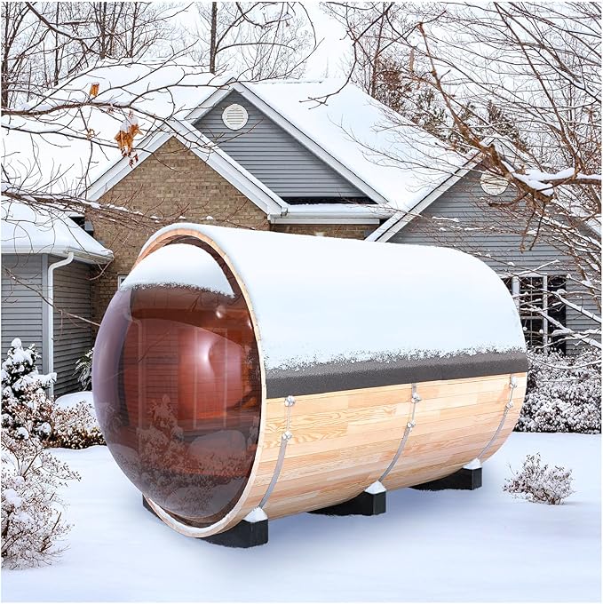 ZONEMEL Barrel Steam Sauna Room with Panoramic View, Bitumen Roofing, Canadian Hemlock Outdoor Sauna with 6kw ETL Certified TOULE Heater, Sauna Rocks, 8 Person Sauna Bath for Garden Courtyard, 220V