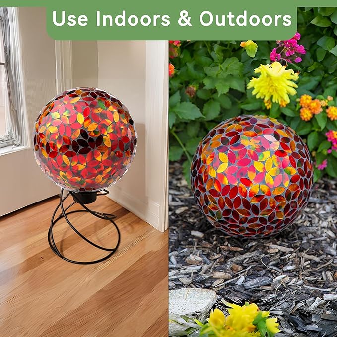 Lily's Home Colorful Mosaic Glass Gazing Ball, Designed with a Stunning Holographic Petal Mosaic Pattern to Bring Color and Reflection to Any Home and Garden, Red and Gold (10" Diameter)