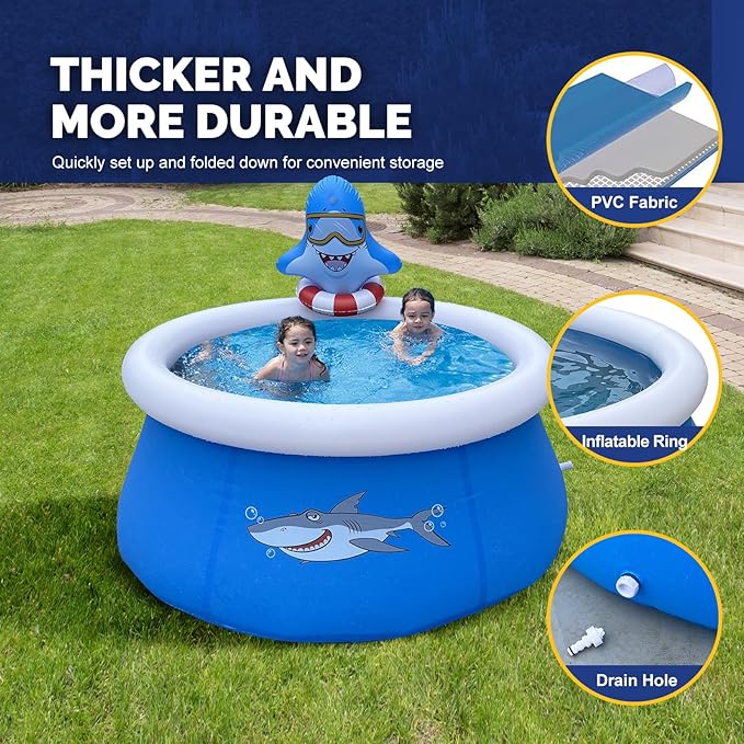 DIMAR GARDEN 6ft x 29in Inflatable Swimming Spray Pool, Outdoor Round Air Top Ring Shark Pools