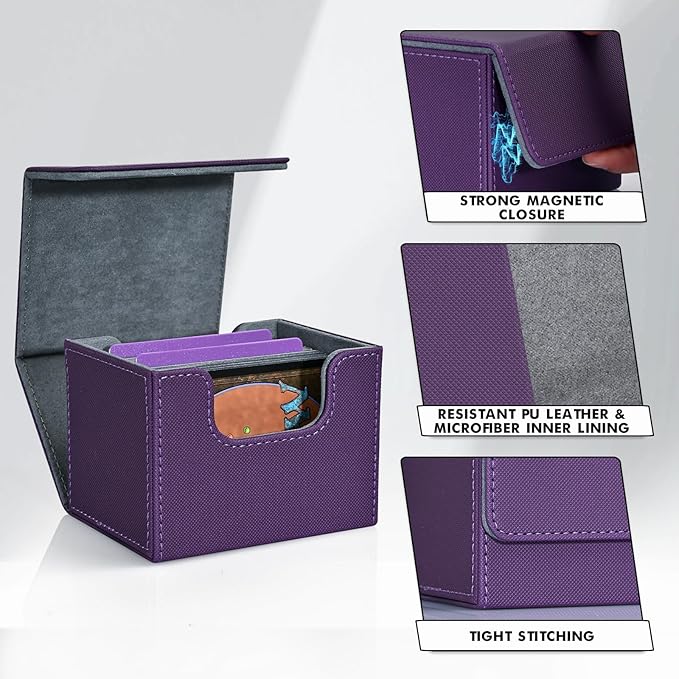 ZLCA Card Deck Box for Trading Cards, MTG Commander Deck Box Holds 120+ Single Sleeved, Leather Magnetic Card Storage Case Fits for TCG CCG Magic (Purple)