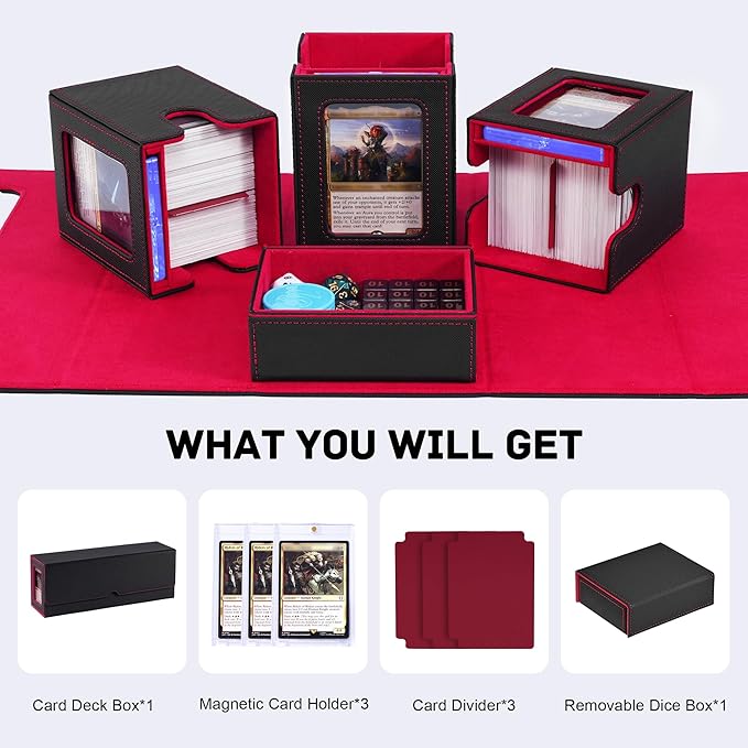 Marsguard Trading Card Deck Box with Commander Display，4 in 1 MTG Storage Holds 300+ Double-Sleeved Cards，3 Deck Boxes & Dice Tray Included，Fits MTG, TCG, PTCG & Sports Cards