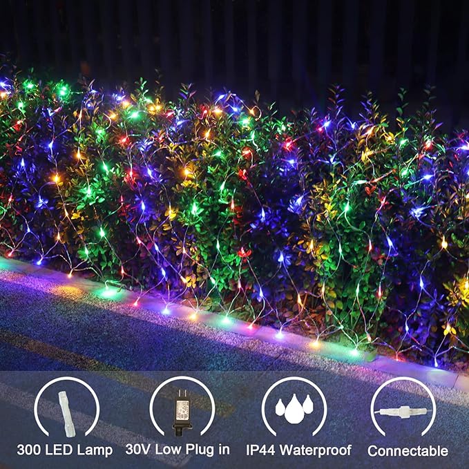 300 LED Net Lights for Bushes, 14.8ft x 5ft 8 Modes Christmas Outdoor Mesh Lights Connectable, Waterproof Decorative String Lights Plug in for Xmas Tree Garden Wedding Party (Clear Wire, Mulitcolor)