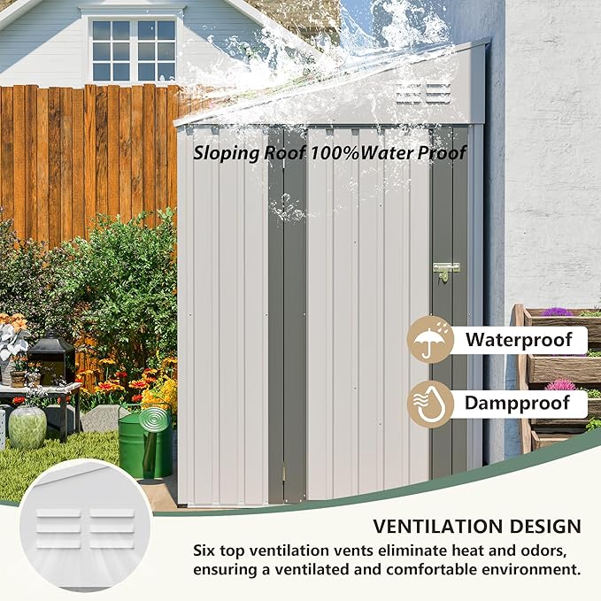 4 × 7 FT Lean to Storage Shed, Outdoor Metal Wall Side Bike Mower Sheds & Outdoor Storage Cabinet, Lockable Tool Organization Shed for Garden Patio