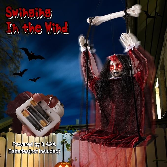 Halloween Decorations Outdoor, Scary Hanging Swinging Girl Props Sound & Slap Activated with Creepy Sound Expressions Light Up Eyes, Halloween Outside Ghosts for Haunted House Yard Lawn Decor