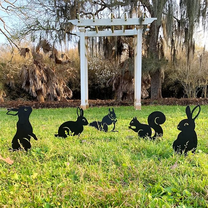 RealSteel Metal Garden Sculptures & Statues, Yard Art, Flowerbed Decoration, Outdoor Decor, Animal Stake Pack - Textured Silver