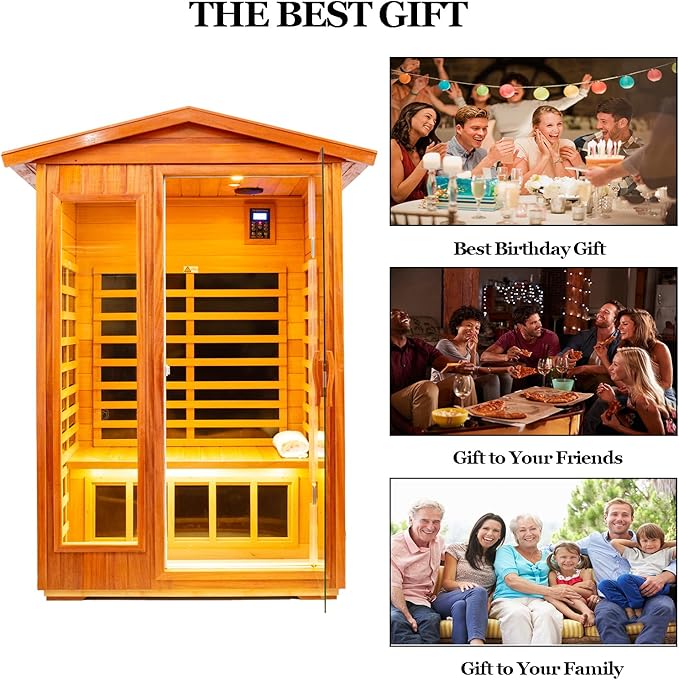 Outdoor Sauna 2 Person Infrared Sauna Far Infrared Saunas for Home 0－5 mg Low EMF Home Sauna Spa Mahogany Wood Sauna Room with Bluetooth Speakers, LED Reading Lamps, Chromotherapy Lights