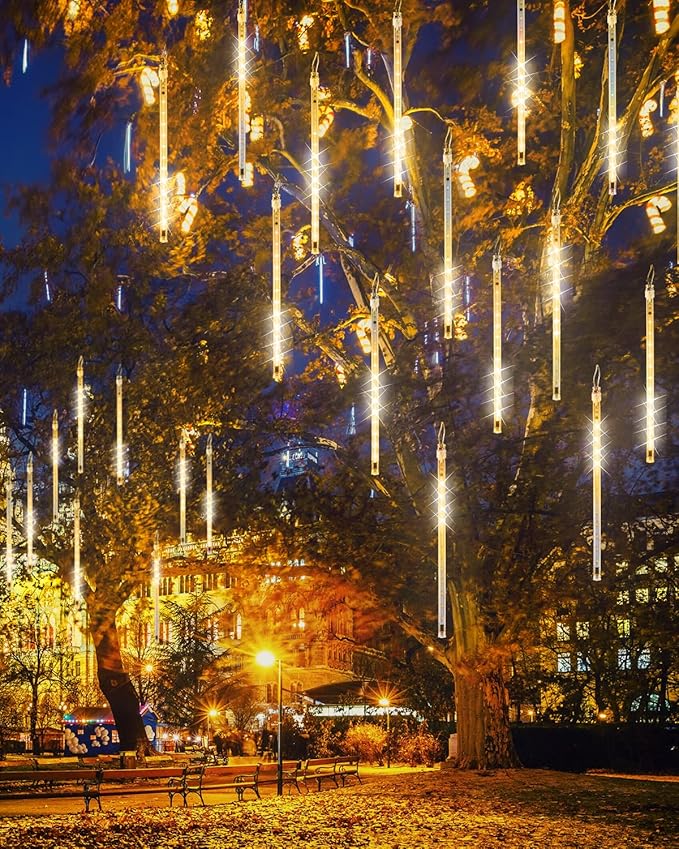 Flacchi Warm White 10 Tubes 240 LED Raindrop Meteor Shower Icicle Lights with Timer Function Cascading Falling Rain Lights for Holiday Party Christmas Decorations