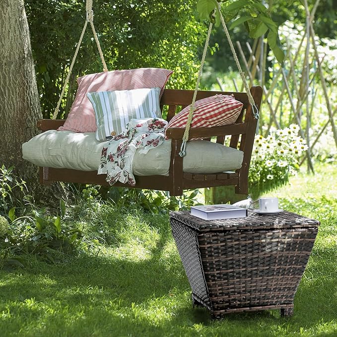 Outvita Outdoor Side Table, Rattan Coffee Table with Storage 13 Gallon Patio Small Deck Storage Box for Cushion Towel Books, Brown Side Table with lid