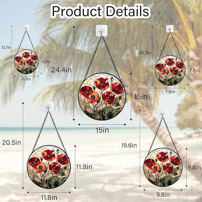 Stained Glass Window Hanging - Red Wildflowers Suncatcher for Door Garden Yard Flowers Sun Catchers Decor Christmas Mother's Day Birthday Gifts for Women Mom Nana Friend Men 6.3 in