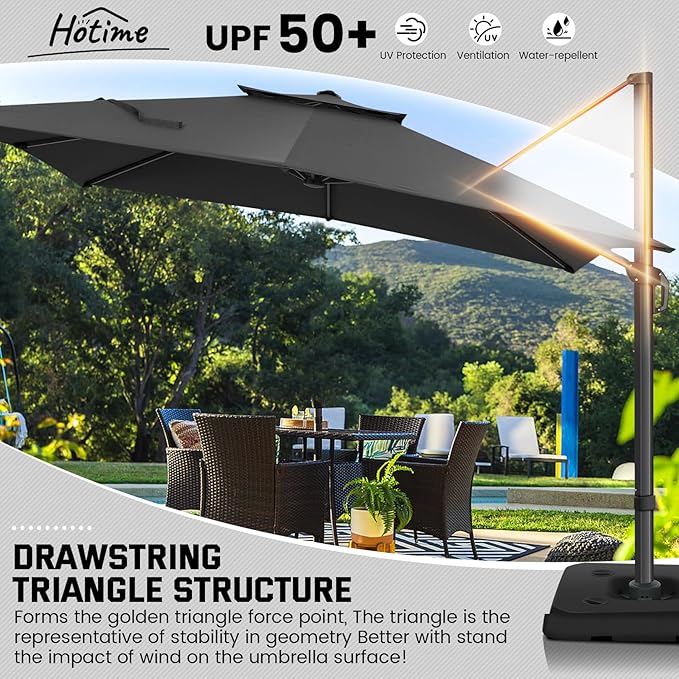 Hotime 10ft Cantilever Patio Umbrella Outdoor Heavy Duty Double Top Windproof Aluminum Offset Umbrella with 360°Rotation for Pool Garden Deck, Gray