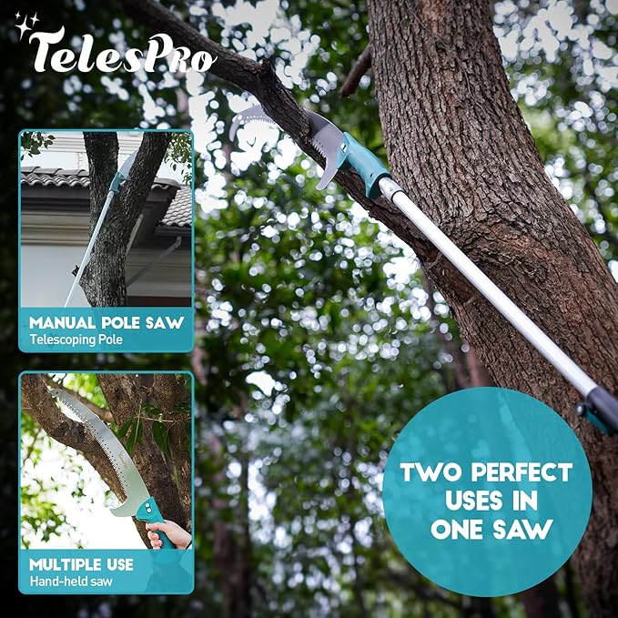 Extendable Tree Trimmer: Manual Pole Saw | 5-12ft Telescoping Pruning Pole for Tree Trimming | Saw Attachment, Safety Goggles, and Gloves Included | Trim Branches up to 2" Diameter