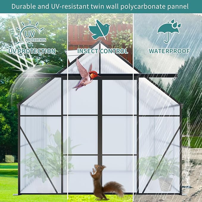 KEIKI 8x8 FT Double Door Polycarbonate Greenhouse with Aluminum Frame,Raised Base and Roof Vent,Walk-in Greenhouses for Patio Garden