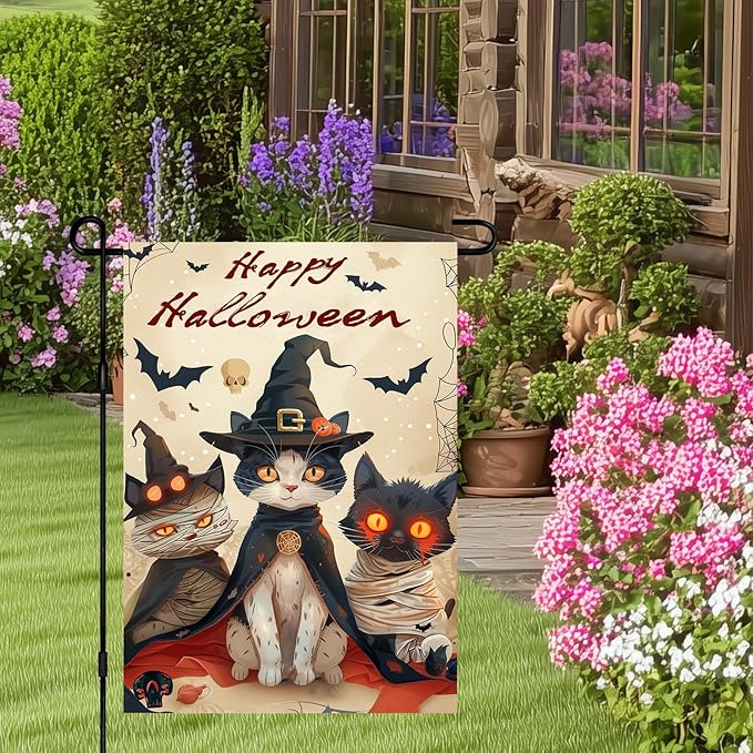 Happy Halloween Garden Flag Three Cute Cats Witch Mummy Flag 12x18 Inch Double Sided Spooky Outdoor Yard Decor House Banner Porch Lawn Patio Home Decoration