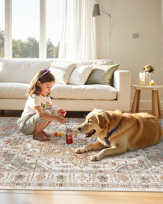 10x14 Area Rugs,Ultra-Thin Washable Rugs for Living Room,Non-Slip Lightweight Foldable Area Rug,Stain Resistant Vintage Large Rugs (Turmeric/Grey, 10'x14')