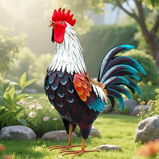 Metal Rooster Decor,Yard Chicken Decorations,Outdoor Garden Statues, Metal Chicken Sculpture for Backyard Patio Kitchen Decor & Lawn Ornaments