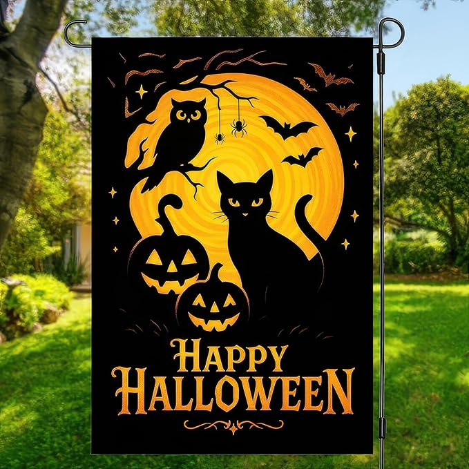 Halloween Garden Flag 12x18 Inch Black Cat Flag Pumpkin Owl Full Moon Double Sided Fall Flags Yard Banner for Outdoor Lawn Porch Garden Holiday Decor
