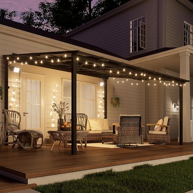 MEISSALIVVE 12' x 14' Wall Mounted Lean to Metal Awning Sloped Roof Patio Backyard Deck, Black