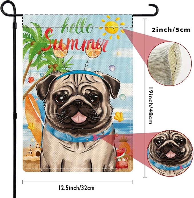 Pug Garden Flags for Outside Set of 12, Dog Welcome Seasonal Garden Flags 12x18 Double Sided for All Seasons and Holidays, Spring Summer Yard Lawn Flag for Outdoor Decor, Pug Decor
