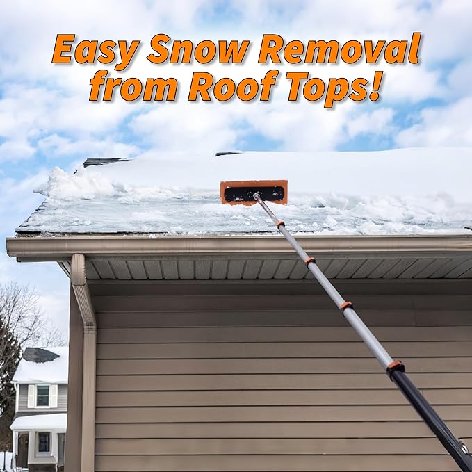 4-12 ft Telescoping Snow Roof Rake // High Reach Solar Panel Snow Removal Tool for Roofs, RVs & Cars // Heavy Duty Snow Rake for House Roof // 13.6" Scratch-Free Soft Foam Blade // Push Pull Design