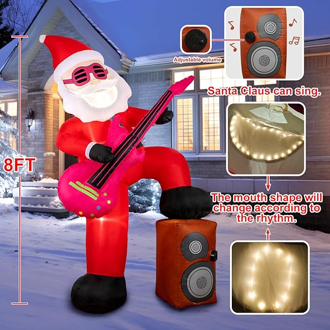 8ft Christmas Inflatable Outdoor Decorations, Blow up Yard Decor with Santa Claus Plays The Guitar and Sings While Stepping on The Speaker, Bright LED Lights Christmas Outdoor Decorations