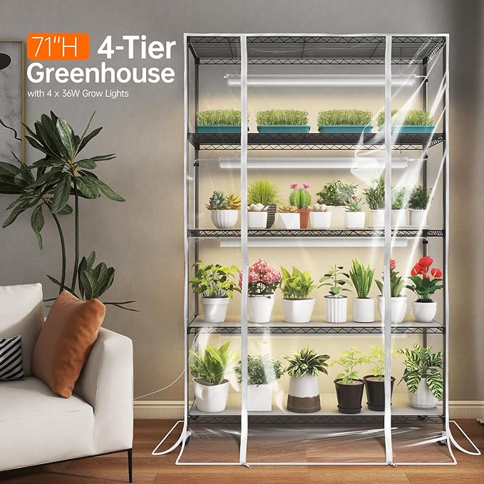 Bstrip Indoor Greenhouse with Grow Light, Tall Plant Stand with 4 Pack Full Spectrum Plant Lights , 3 Color Modes, Plant Shelf with Tent for Indoor Plant, Seed Starting, Seed Tray, 47.2"x17.8"x71"
