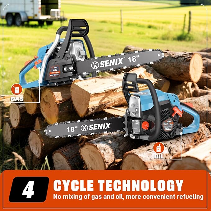 SENIX 4-Cycle 18-Inch Gas Chainsaw | 49cc Cordless Chain Saw for Wood Cutting, Tree Trimming, Farm & Home Garden Use | No Fuel Mixing, Automatic Oiler & Quick Start Engine