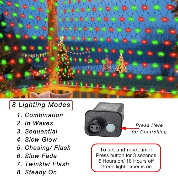 Christmas Net Lights Outdoor, 360 LED 21ft x 5ft Large Net Mesh String Lights 8 Modes, Twinkle Lights Connectable Plug in for Bushes Halloween Hedge Yard Garden Party Decor, Red and Green