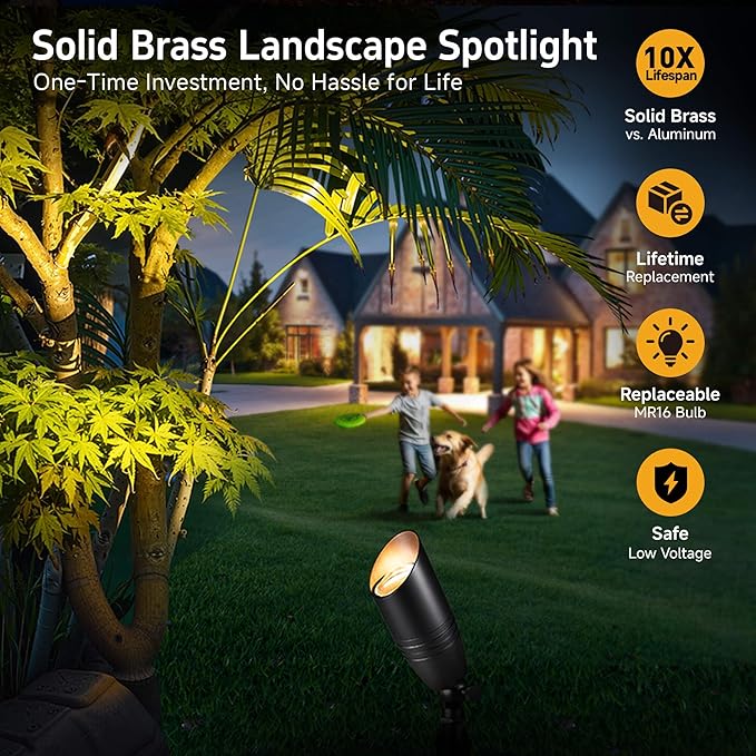 Gardenreet Low Voltage Spot Lights - Black Solid Brass Landscape Spotlight Wired, 12V Outdoor LED Bullet Uplights, Waterproof Electric for Patio Wall with 4000K Bright White MR16 Bulb (6 Pack)