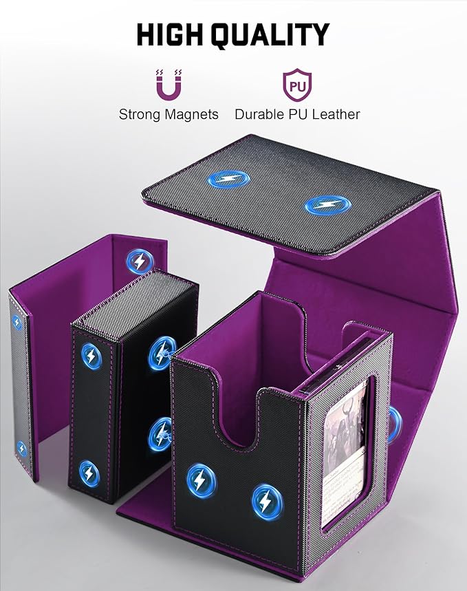 ZLCA MTG Commander Deck Box with Display Window, Deck Box Holds 100 Double-Sleeved with Dice Tray & 35pt Magnetic Card Holder（Black& Purple）