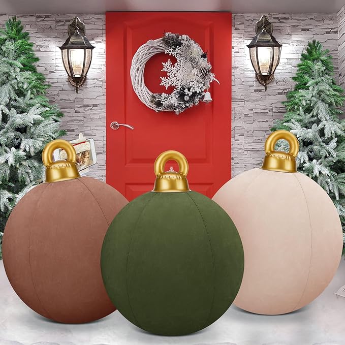 Jetec 3 Pcs 32 Inch Giant Velvet Christmas Inflatable Balls Ornament Flocked Xmas PVC Inflatable Flocked Ball Ornaments for Christmas Holiday Outdoor Blow up Yard Decor(Brown, Khaki, Green)