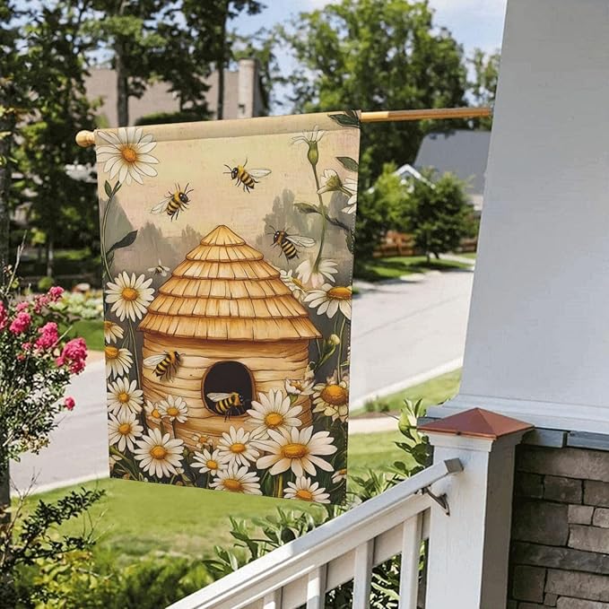 Bee Flower Garden Flag Vertical Double Sided Outdoor Yard Flags 12.5x18 Inch Burlap Banners for House Lawn