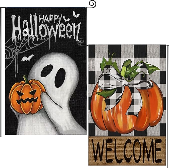 Garden Flags Set of 2 Incl. Fall Pumpkin Welcome Flag & Happy Halloween Garden Flag, Autumn Thanksgiving Holiday Harvest Burlap Yard Flag, Ghost Bats Decorations Outdoor, Double Sided 12x18 Inch