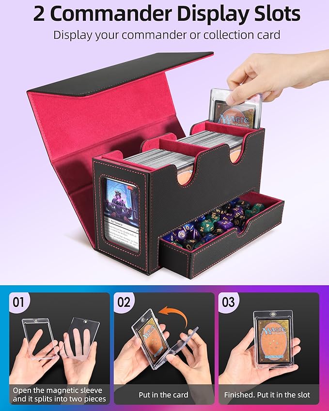 MTG Deck Box, MTG Commander Card Deck Box with Commander Display, Fits 250+ Single Sleeved, Double Card Storage Box with Dice Tray, Magnetic Card Storage Case for CCG TCG Sports Cards, Black Red
