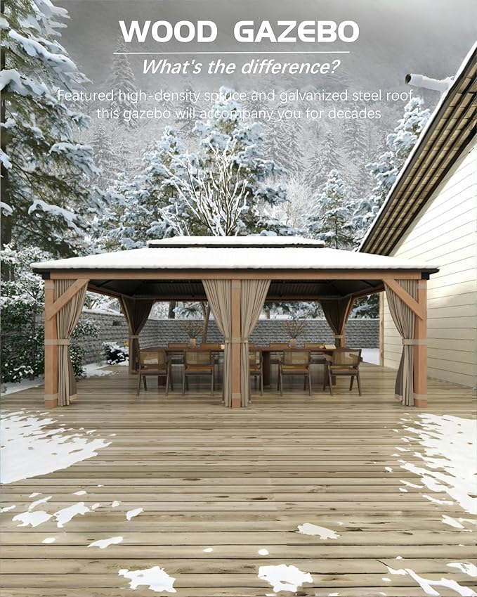 GAOMON Hardtop Spruce Wood Gazebo 12'x20', with Double Roof of Metal Sheets, 4.7'' Heavy Duty Poles, Gray Net, and Curtain, Permanent Building for Patio, Deck, Backyard, Lawn, and Garden, Khaki