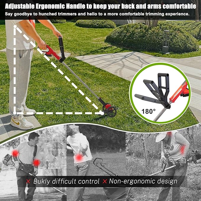 Cordless Weed Wacker Eater Battery Powered, 21V Lightweight Electric Weed Trimmer with 2 Battery Operated & Charger& Wheels & Shears, No-String Grass Trimmer/Brush Cutter/Lawn Edger for Yard Garden