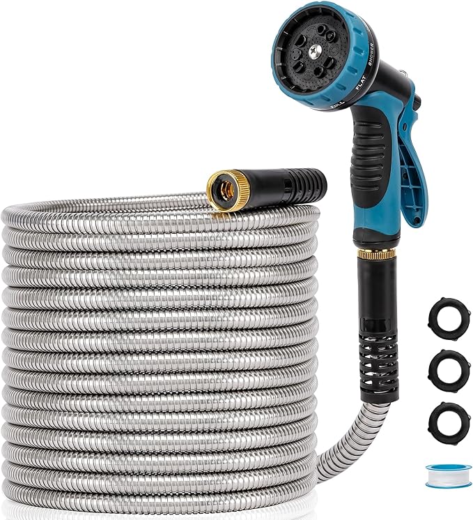 Metal Garden Hose 50 FT, Stainless Steel Hose, Water Hose with 10 Function Nozzle, No Kink & Tangle, Easy to Use & Store, Heavy Duty Lightweight Outdoor Hose