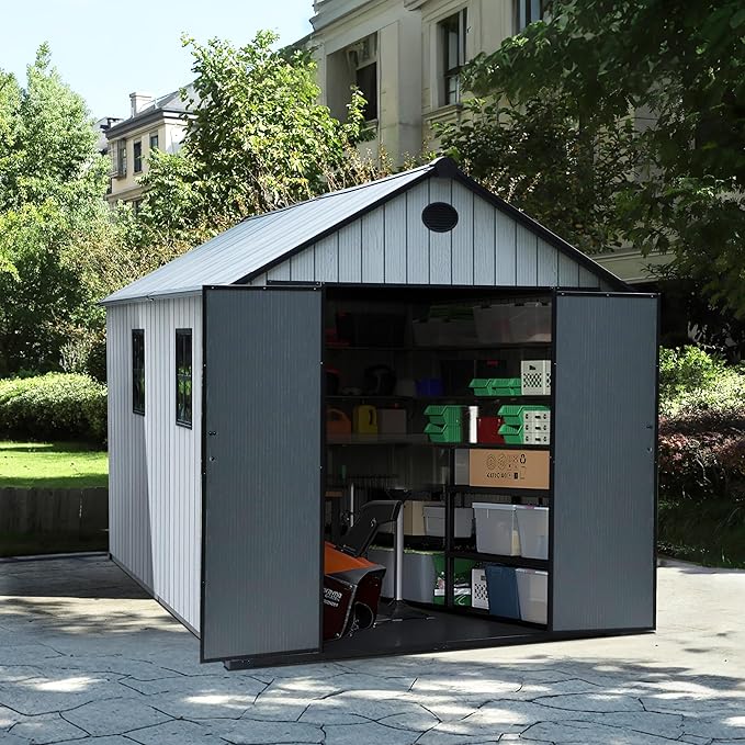 KIGOTY Outdoor Storage Shed, Weatherproof Tool Sheds Storage House with Lockable Doors, Windows and Sloping Roof, Outdoor Storage, Plastic Garden Shed for Backyard, Patio (7 X 9)