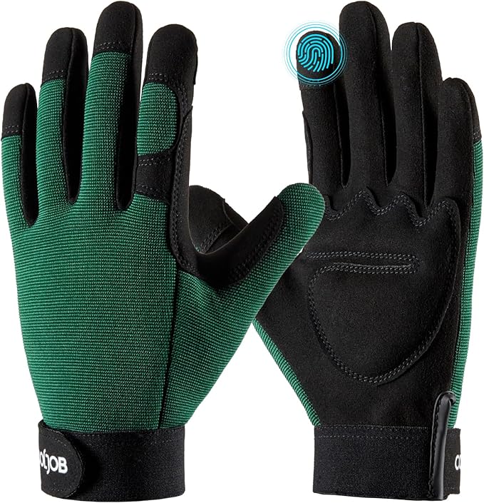 COOLJOB Thorn Proof Garden Gloves with Touchscreen Fingers for Men, Rose Pruning Work Gloves with Palm Cushion for Gardener, Farmer and Landscaper (Green 1 Pair Small)