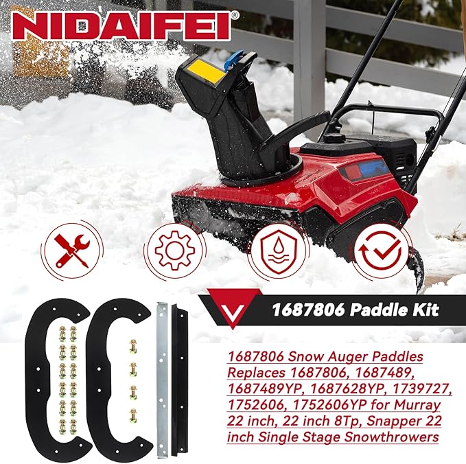 1687806 Snow Blower Auger Paddles Kit with 1752660AYP Scraper Replaces Snapper 1687489 1687489YP 1687628YP 1739727 1752606 1752606YP for Murray SS822E 7522ES 1022E 22" Single Stage Snowblower